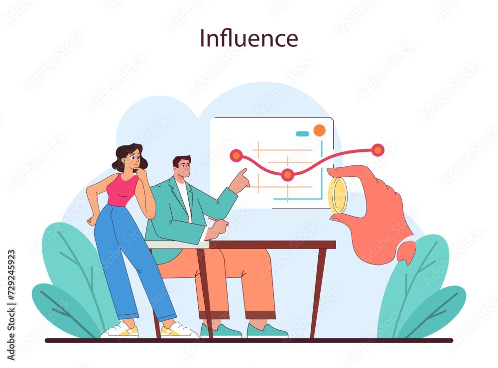 Influence concept. Team members scrutinize trends and assess the impact of decisions, symbolizing the power of strategic influence in business. Flat vector illustration. Influence concept. Team members scrutinize trends and assess the impact of decisions, symbolizing the power of strategic influence in business. Flat vector illustration.
