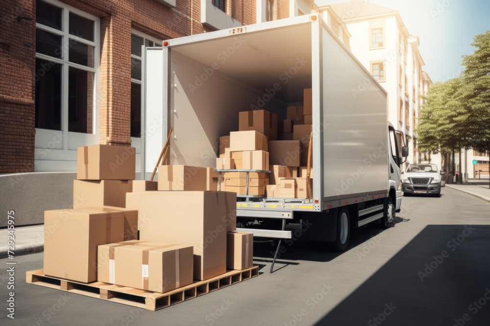 A truck full of moving boxes and furniture. Moving service concept. A truck full of moving boxes and furniture. Moving service concept.