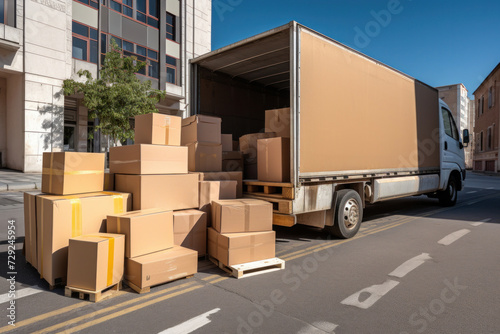 A truck full of moving boxes and furniture. Moving service concept. © Wararat