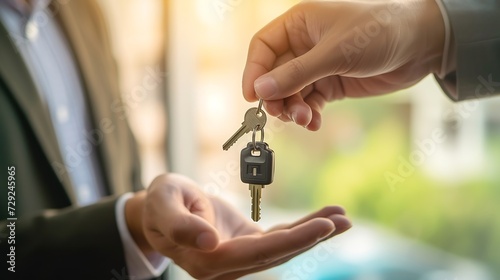 Businessman, insurance sales agent handing over house and car keys to customer in trading or renting in mutual agreement at security concept office housing investment. : Generative AI