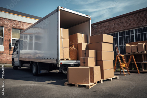 A truck full of moving boxes and furniture. Moving service concept. photo