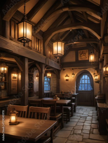 Photo Of Warm Lit Friendly Medieval Fantasy Tavern Inn, Lanterns, Concept Art Interior, Adventuring Dungeons And Dragons © Pixel Matrix