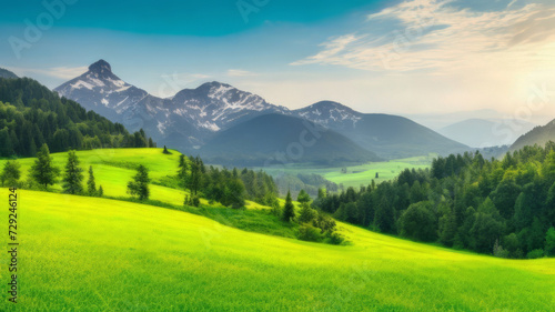 Very beautiful mountain and natural views in the morning, with nice green grass