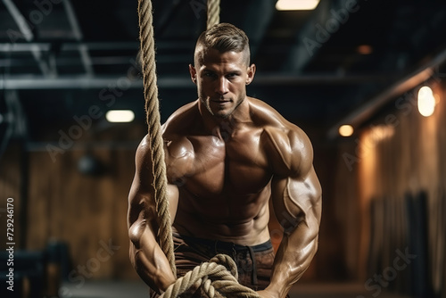Young strong man pulling training sports rope at gym.