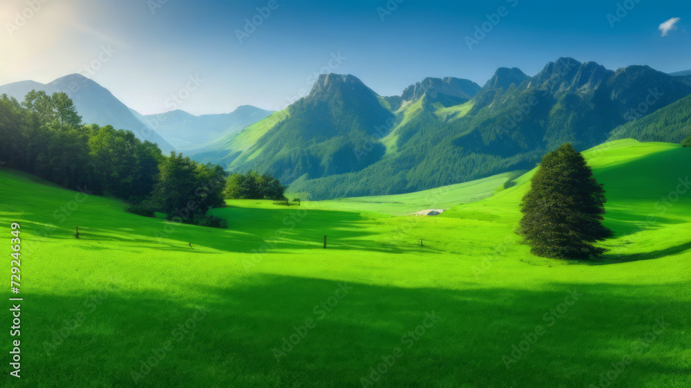 Very beautiful mountain and natural views in the morning, with nice green grass Very beautiful mountain and natural views in the morning, with nice green grass