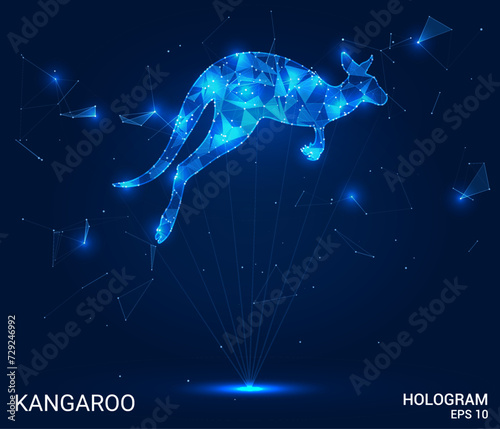 A hologram of a kangaroo. Kangaroos made of polygons, triangles of dots and lines. Kangaroo low-poly compound structure. Technology concept vector.