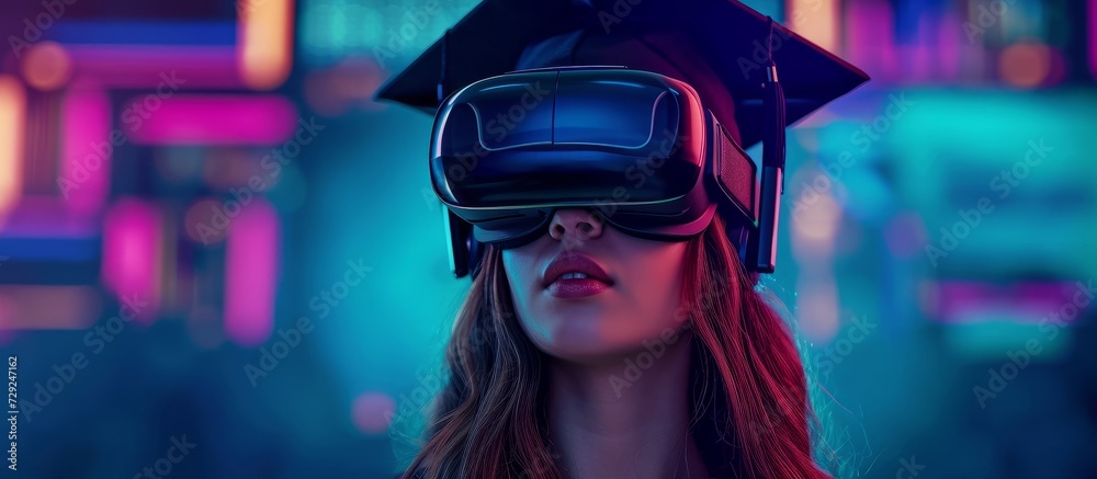 Graduating student represented by VR avatar with cap and XR headset in metaverse. Graduating student represented by VR avatar with cap and XR headset in metaverse.