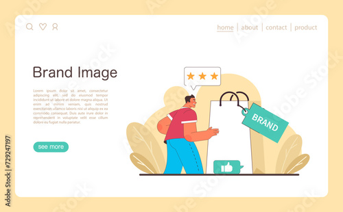 Brand image concept. A satisfied customer perceives the quality of a brand, symbolized by a shopping bag with a positive rating. Flat vector illustration