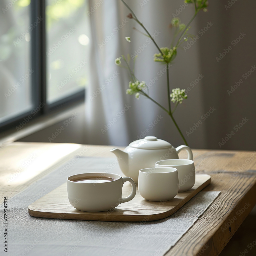 A pristine white porcelain tea set, complemented by delicate flora, on a wooden table against a soft-lit backdrop, for illustrating articles on mindfulness or marketing a luxury ceramics brand A pristine white porcelain tea set, complemented by delicate flora, on a wooden table against a soft-lit backdrop, for illustrating articles on mindfulness or marketing a luxury ceramics brand