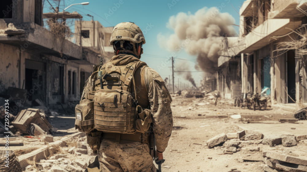 Fototapeta premium Soldiers on the street, shelling