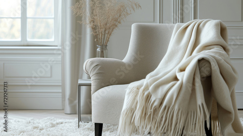 luxurious cashmere throw draped over a simple elegant armchair in a room with natural light, illustrating a comfortable and stylish interior for luxury home decor or high-end real estate presentations photo