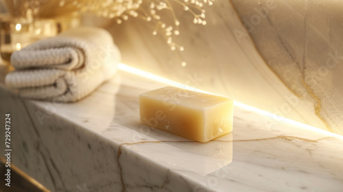A luxurious handcrafted soap bar on a marble bathroom countertop with a warm backlight, suitable for promoting spa and wellness products or the intimate luxury of boutique accommodations.