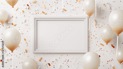 Flat lay of aesthetic frame with balloons and confetti. Beige color palette. Advertising banner concept. Generative AI