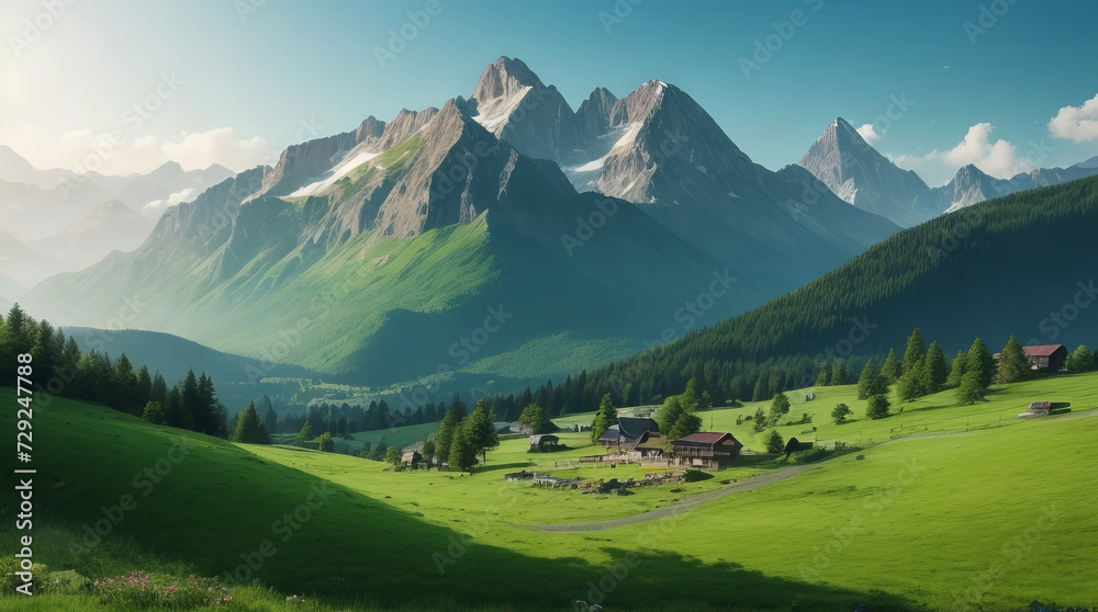 Very beautiful mountain and natural views in the morning, with nice green grass Very beautiful mountain and natural views in the morning, with nice green grass