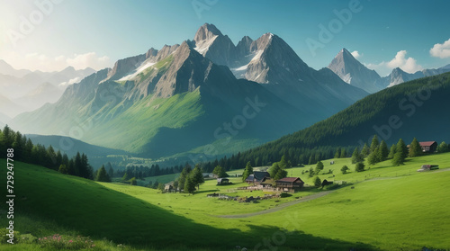 Very beautiful mountain and natural views in the morning, with nice green grass