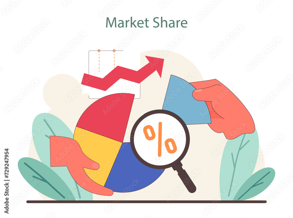 Market Share concept. Analysis of industry trends and percentage share with pie chart and growth arrow. Flat vector illustration.
