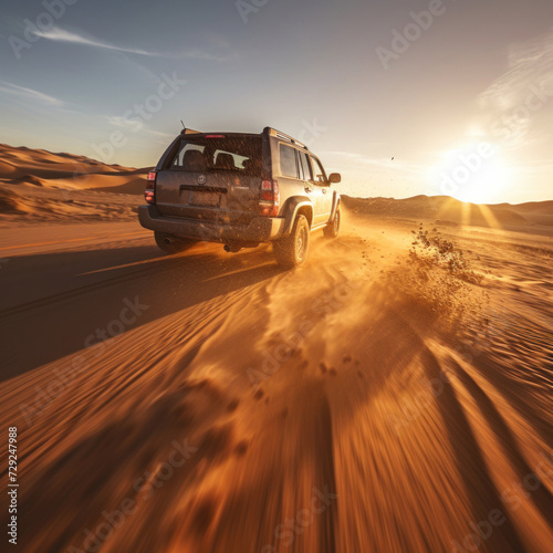 Off-road driving fast in the desert bashing sand dunes. photo