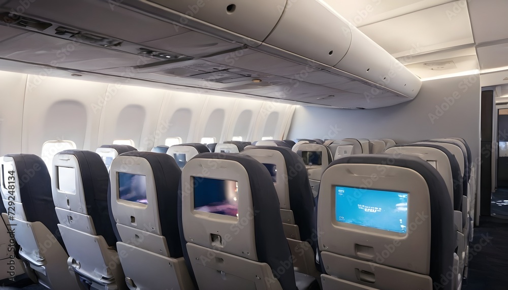 Fototapeta premium Airplane seats with LCD screens in the cabin.
