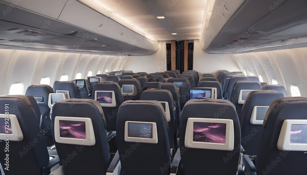 Airplane seats with LCD screens in the cabin. Airplane seats with LCD screens in the cabin.