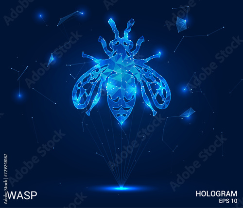 The hologram of the wasp. A wasp of polygons, triangles of points and lines. Wasp is a low-poly compound structure. Technology concept vector.