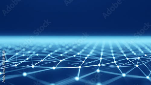 Futuristic blue particle wave. Abstract background grid of interlacing lines and dots. Structure of network connections. 3D rendering.