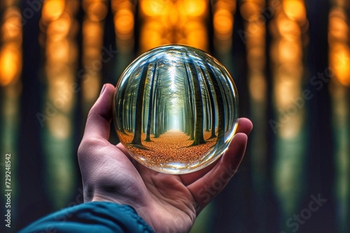 Crystal ball in the hands of a man against the background of the forest.