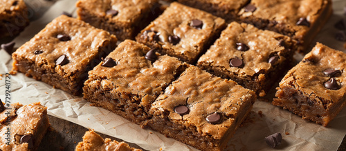 homemade blondies with chocolate chips cut into squares. photo