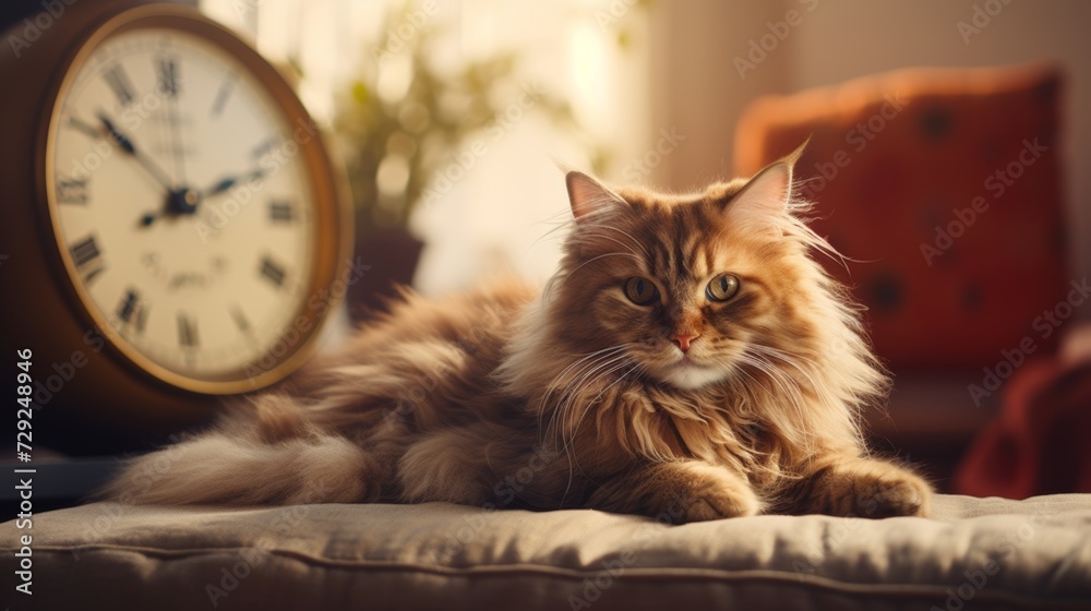 Cute cat indoors in a blurry living room background. A ginger cat is sitting on the floor in a cozy living room. Interior decor
