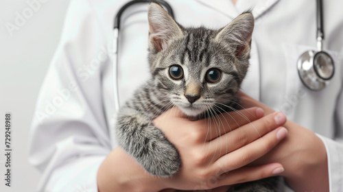 Veterinarian Holding a Young Tabby Kitten for a Check-up in a Clinic. Veterinary concept. © keystoker