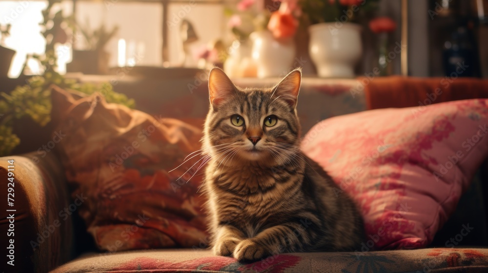 Cute cat indoors in a blurry living room background. A ginger cat is sitting on the floor in a cozy living room. Interior decor Cute cat indoors in a blurry living room background. A ginger cat is sitting on the floor in a cozy living room. Interior decor