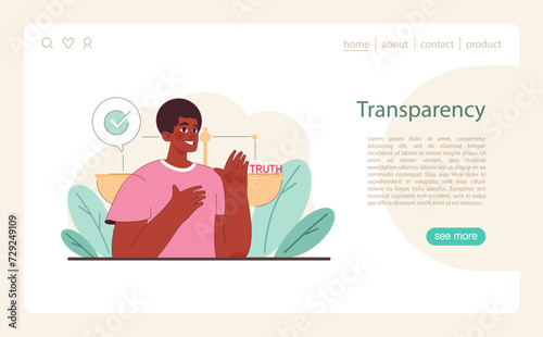 Transparency in Ethical Behavior. A figure gesturing towards a checkmark symbolizing approved truth above a scale of ethics. Flat vector illustration.