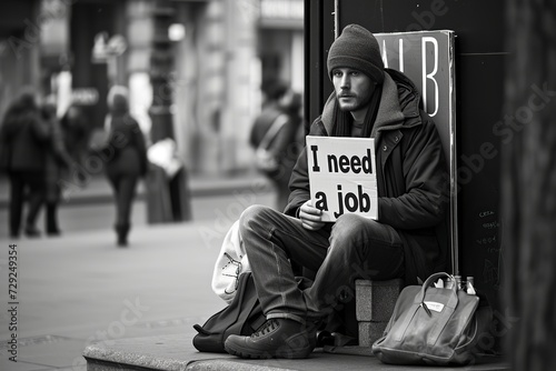 man on the street with a sign that says: I need a job photo