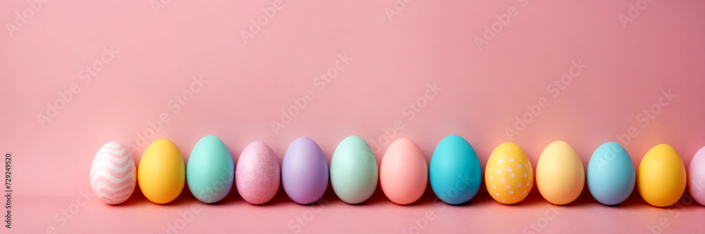 Row of colorful easter eggs on pink background with copy space