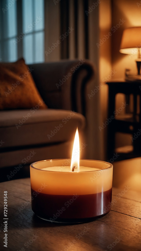 Burning aromatic candle on a wooden table in the room, close-up Burning aromatic candle on a wooden table in the room, close-up