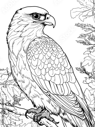 Children coloring book, wild bird falcon on a branch. natural habitat of birds. Vector generative ai