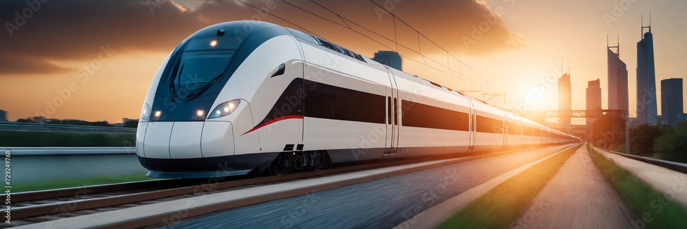 High speed train at sunset, panoramic view High speed train at sunset, panoramic view
