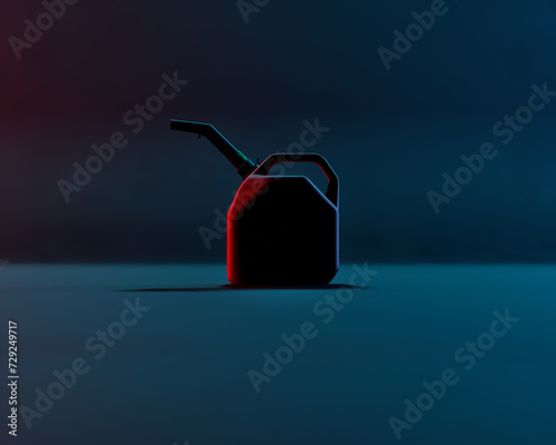 Red plastic jerry can against blue green background. Low key studio shot.