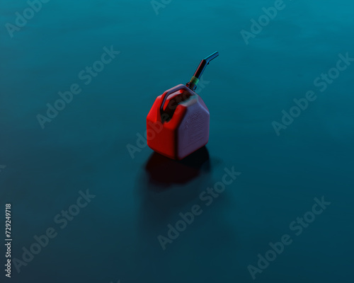 Red plastic jerry can against blue green background. Low key studio shot. High angle view.