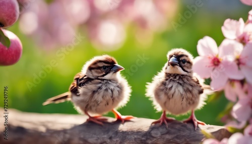 Twin sparrows amidst blooming cherry blossoms
