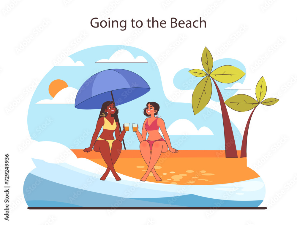 Going to the Beach concept. Friends sharing a sunny beach day under an umbrella. Relaxing seaside with drinks and good company. Serene tropical backdrop. Flat vector illustration.