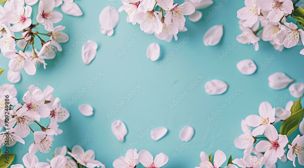 Fototapeta premium Cherry Blossoms And Petals On A Blue Background