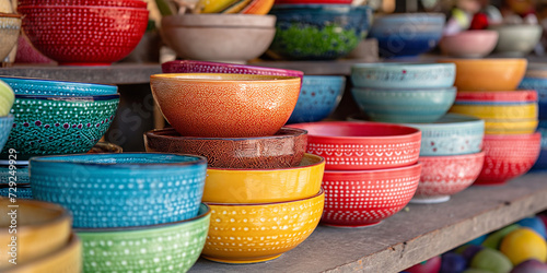 Vibrant market displaying a variety of colorful bowls with tropical scents. generative AI © Nim