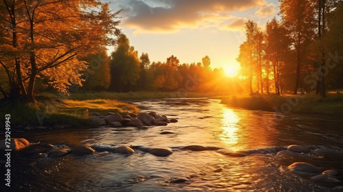 Small forest river at sunset