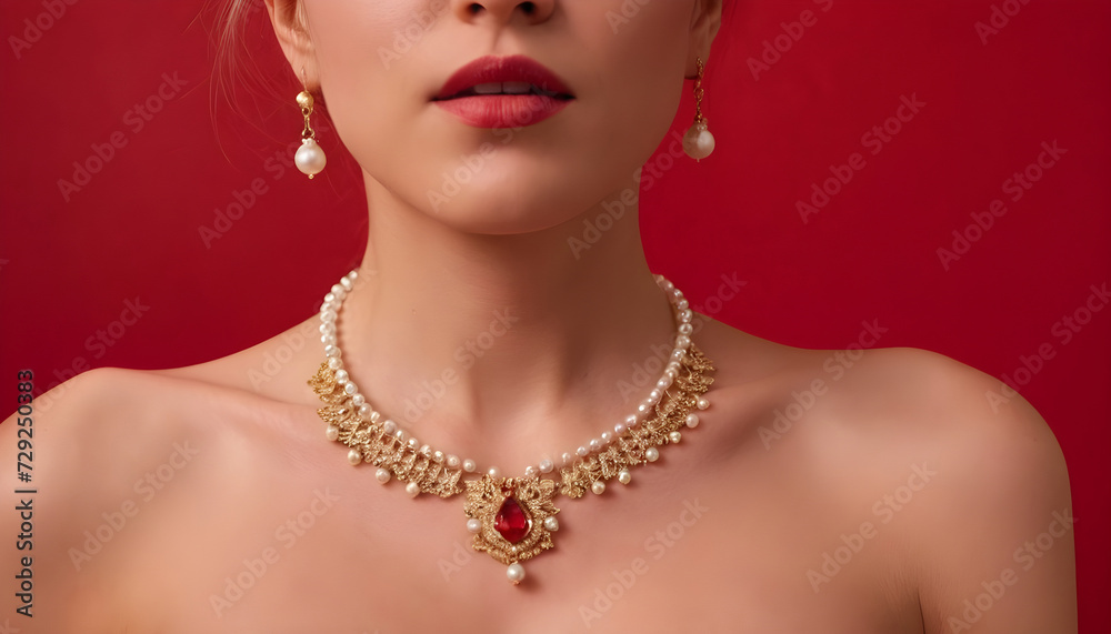 woman with lips and jewelry, red background