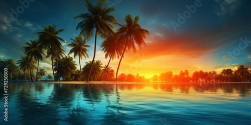 Beautiful sunset at a beach resort in the tropics. Palm trees and ocean coast. Generative AI © AngrySun