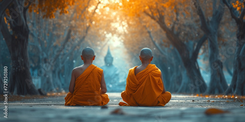 Serene warrior find spirituality and wellbeing. Mental health concept. Buddhist monks young students children in meditation zen look at sunset or sunrise background from of statue.