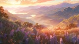 Anime-style illustration of a valley full of wildflowers at golden hour