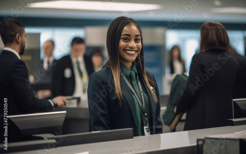 An airport employee checks passengers in at the check-in counter with a smile. 