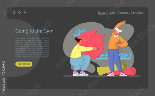 Going to the Gym concept. Companions motivate each other in fitness routines with gym equipment. Active lifestyle and wellness practice in a supportive environment. Flat vector illustration.
