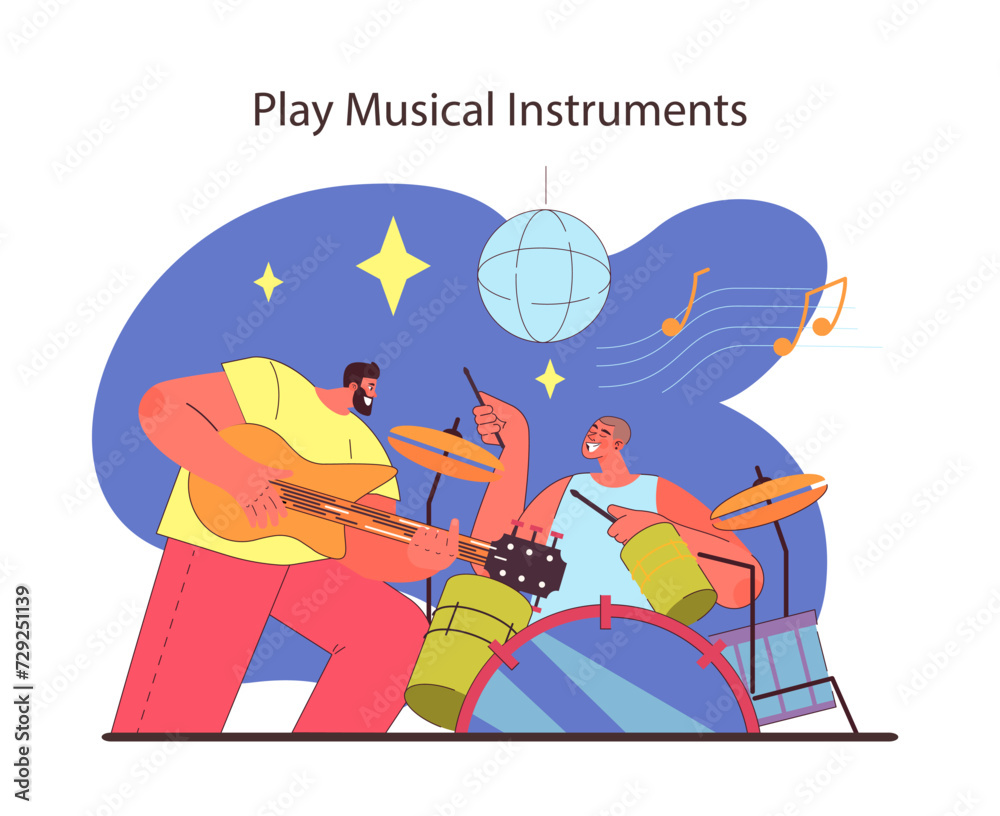Music jam session concept. Energetic friends engage in creative expression. Acoustic guitar and drums under a disco ball. Flat vector illustration.
